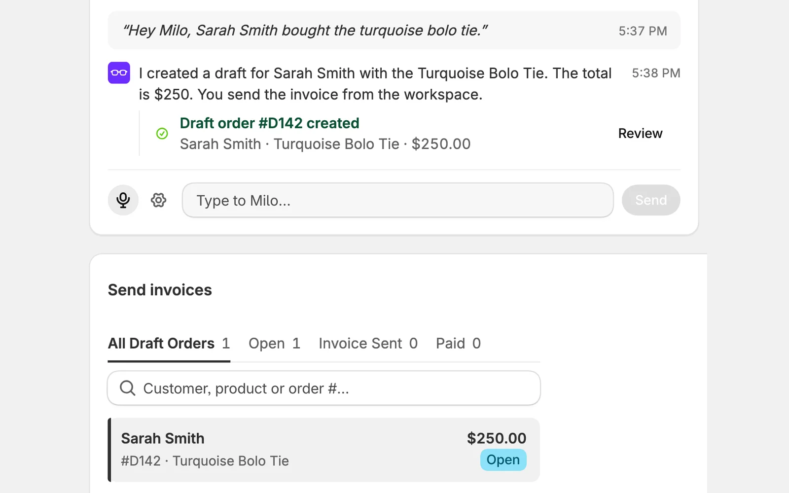 Milo's reply that an order is ready for Sarah Smith, next to her new Open order in the Send invoices list.