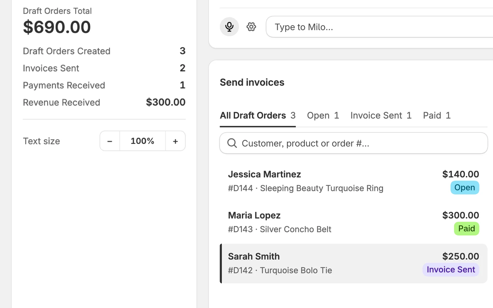 The Send invoices list with Open, Invoice Sent and Paid orders, and the session's figures in the left rail.
